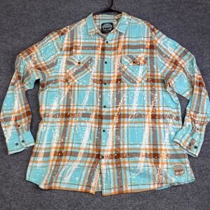 Angry Minnow Clothing Co Bleached Flannel Shirt XXL Wild Child Plaid Turquoise